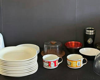 Lot 87: Blender with stacked dinnerware and assorted kitchenware