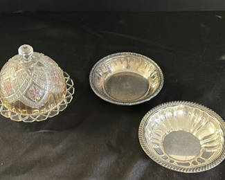 Lot 166: Lidded crystal dish with etched floral pattern and two metal-edged bowls