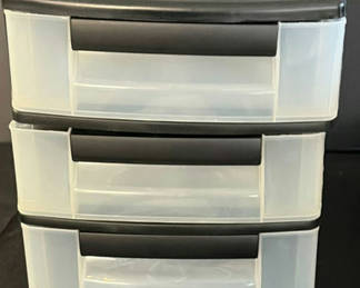 Lot 44: Plastic 3-Drawer Storage Cabinet, Wooden Tray, and White Wire Nesting Tables