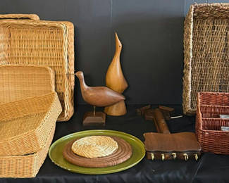 Lot 77: Assorted Woven Baskets and Wooden Decorative Items