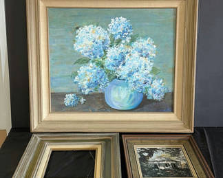 Lot 124: Ruth Shirley Framed Paintings: Hydrangea Bouquet, Cottage Scene, and Market Scene