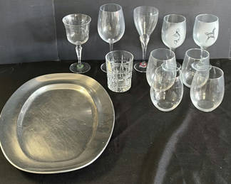 Lot 170: Assorted Glassware and Metal Serving Tray