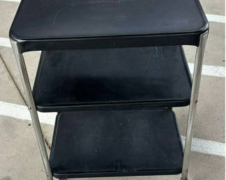 Lot 69: Rolling Three-Tier Utility Cart and Round Metal Side Table