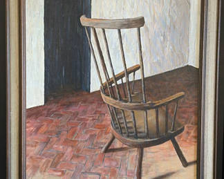 Lot 4: Ruth Shirley framed paintings: chair, florals, landscape, and abstract greens
