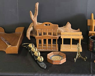 Lot 161: Assorted vintage wooden miniatures, boxes, and metal decor