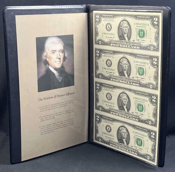 (4) 2009 Uncut US $2 Bills in Jefferson Folio, CU