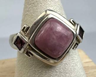 925 Silver Geometric Rhodonite & Side Garnet Ring