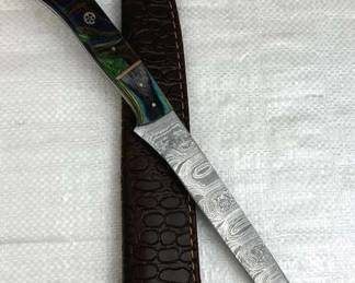Damascus Steel Long Fillet Blade Knife w/ Sheath