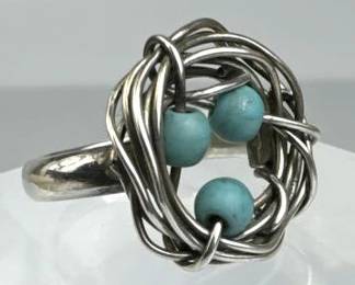 925 Silver Wire Wrapped Birds Nest Blue Bead Robin