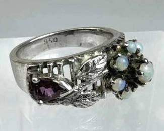 950 Silver Vintage Ruby & Opal Flower Band Ring