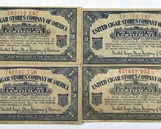 (4) Vintage United Cigar Stores Co. 1/2 Certs
