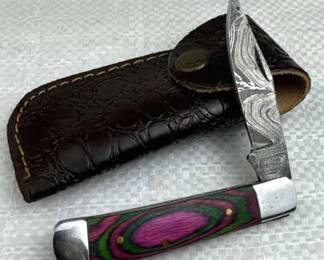Damascus Steel Folding Blade Knife w/ Sheath