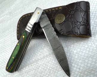 Damascus Steel Folding Blade Knife w/ Sheath
