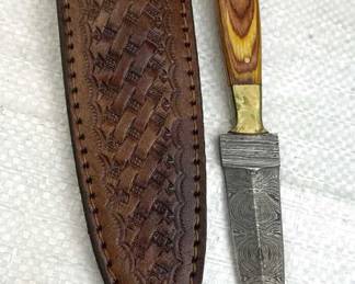 Damascus Steel Fixed Stiletto Blade Knife w Sheath