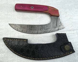 Damascus Steel Fixed Sickle Blade Knife w/ Sheath