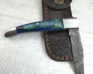 Damascus Steel Folding Blade Knife w/ Sheath