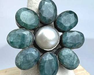 925 Silver Aventurine & Freshwater Pearl Flower Ri