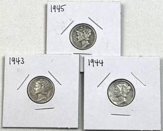(3) 1943-1945 Mercury Silver Dimes, US 90%