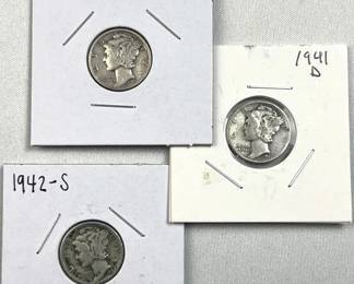 (3) 1941-1942 Mercury Silver Dimes, US 90%