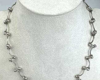 925 Silver Mexico Vtg Beaded Curved Bar Link Neckl