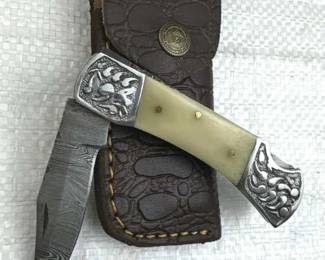 Damascus Steel Folding Blade Knife w/ Sheath