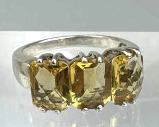 925 Silver 3 Optic Cushion Cut Citrine Gem Ring