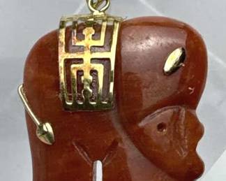 14K Gold & Red Jade Elephant Charm Pendant