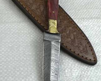 Damascus Steel Fixed Stiletto Blade Knife w Sheath