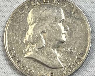 1951-D Franklin Silver Half Dollar, US 90% Coin