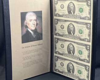 (4) 2009 Uncut US $2 Bills in Jefferson Folio, CU