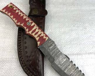 Lg Damascus Steel Fixed Huntsman Knife w/ Sheath