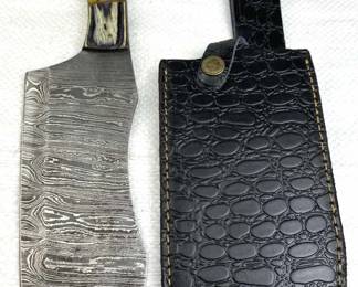 Lg Damascus Steel Cleaver Blade Knife w/ Sheath