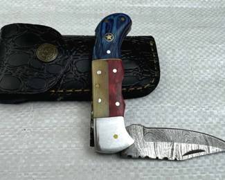 Damascus Steel Folding TX Blade Knife w/ Sheath