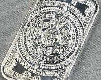 1oz Silver Bar, Aztec Calendar Art .999 Fine