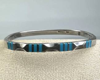 950 Silver Mexico Turquoise Oval Shape Hinge Bangl