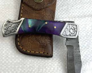 Damascus Steel Folding Blade Knife w/ Sheath