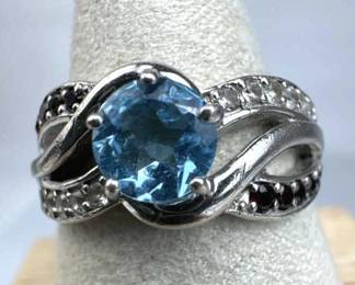 925 Silver Blue & White Topaz & Red Garnet Ring