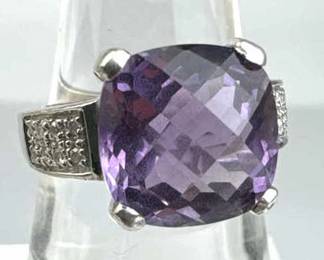 925 Silver Large Optic Amethyst w/ Diamond Ring