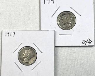 1917 & 1919 Early Mercury Silver Dimes, US 90%