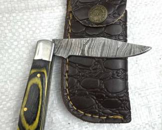 Damascus Steel Folding Blade Knife w/ Sheath
