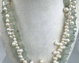 925 Silver 3-Strand Genuine Pearl & Jadeite Neckla