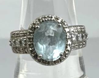 925 Silver Vtg Ross Simons Sky Topaz, Diamond Ring