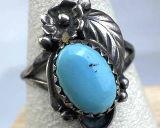 925 Silver Navajo Turquoise Floral Leaf Ring