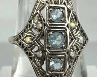 925 Silver Vintage Blue Zirconia & Opal Accent Rin
