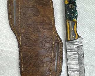 Damascus Steel Fixed Bull Cutter Knife w/ Sheath