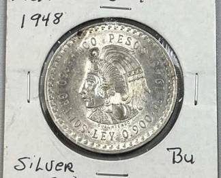 1948 Silver Mexico 5 Pesos Coin, Quality 90%