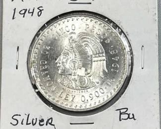 1948 Silver Mexico 5 Pesos Coin, Quality 90%