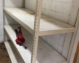 Steel shelving unit with wood inserts. Shelf measures 8 feet long by 30 inches deep. Bring a truck!  2 units available 