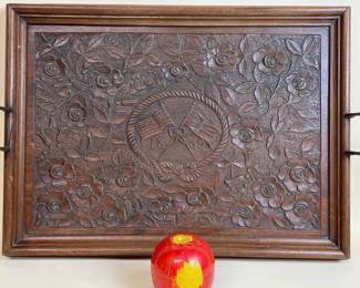 Commemorative carved wood tray from US/GB maritime conference