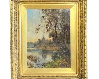 Signed oil on canvas landscape mounted under glass